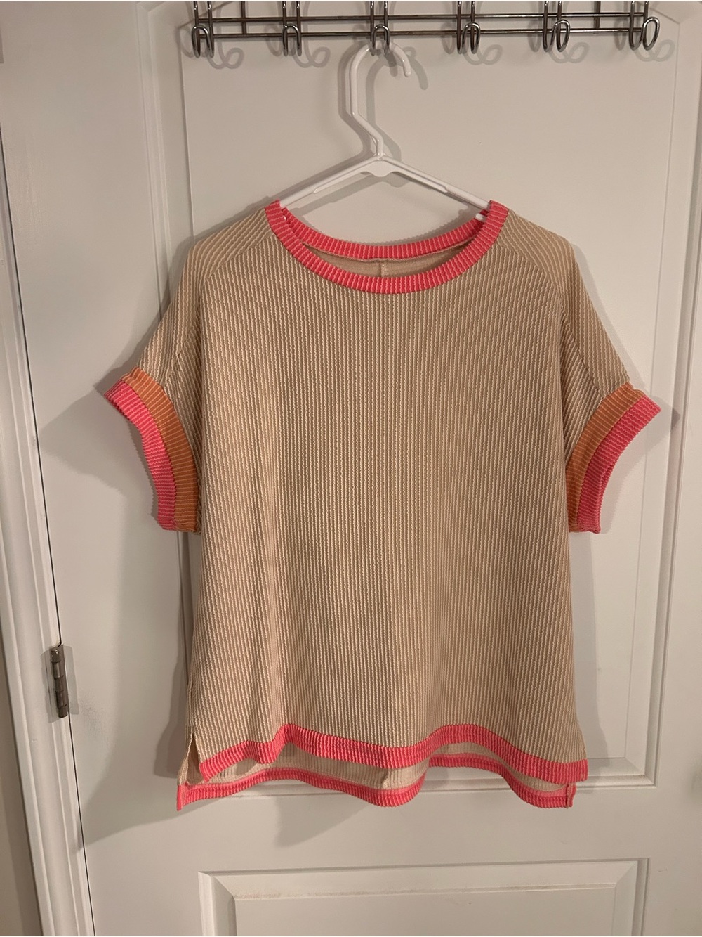 Light Beige Knit Top with Coral-Pink Trim